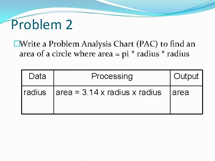 Problem 2 �Write a Problem Analysis Chart (PAC) to find an area of a Problem 2 �Write a Problem Analysis Chart (PAC) to find an area of a