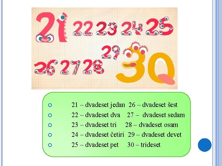  21 – dvadeset jedan 26 – dvadeset šest 22 – dvadeset dva 27
