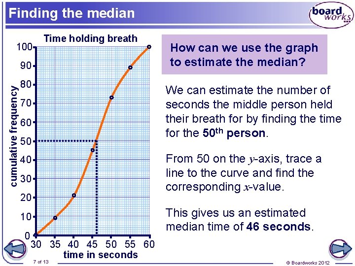 Finding the median 100 Time holding breath cumulative frequency 90 80 We can estimate