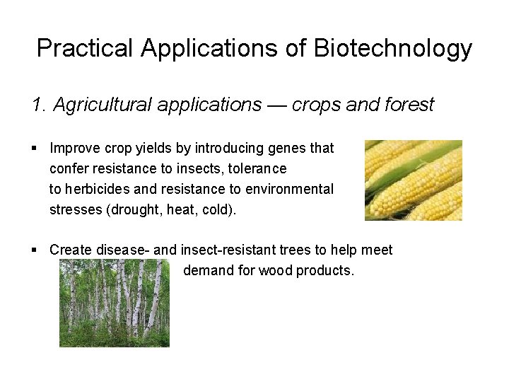 Practical Applications of Biotechnology 1. Agricultural applications — crops and forest § Improve crop