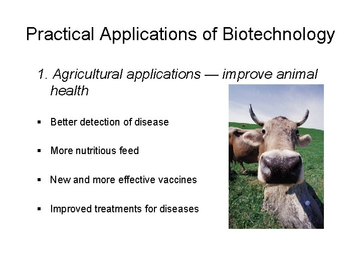 Practical Applications of Biotechnology 1. Agricultural applications — improve animal health § Better detection