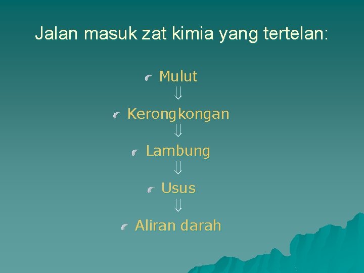 Jalan masuk zat kimia yang tertelan: Mulut Kerongkongan Lambung Usus Aliran darah 