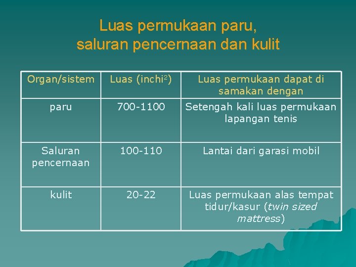 Luas permukaan paru, saluran pencernaan dan kulit Organ/sistem Luas (inchi 2) Luas permukaan dapat