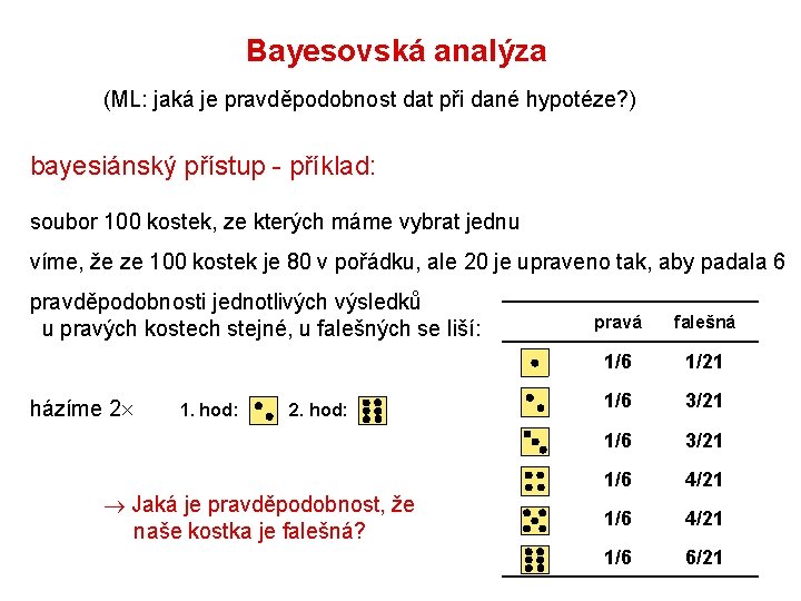 Bayesovská analýza (ML: jaká je pravděpodobnost dat při dané hypotéze? ) bayesiánský přístup -