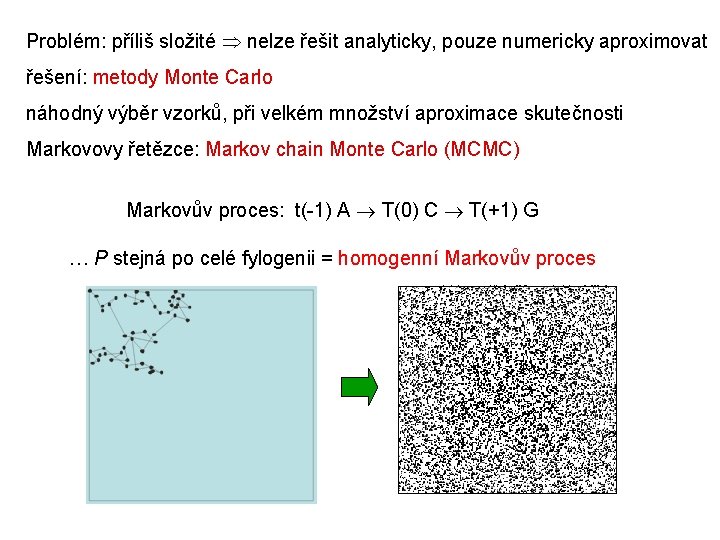 Problém: příliš složité nelze řešit analyticky, pouze numericky aproximovat řešení: metody Monte Carlo náhodný