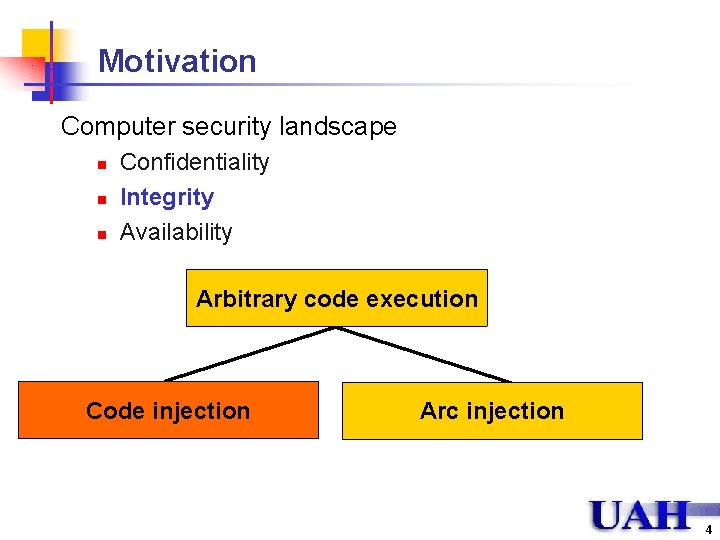 Motivation Computer security landscape n n n Confidentiality Integrity Availability Arbitrary code execution Code