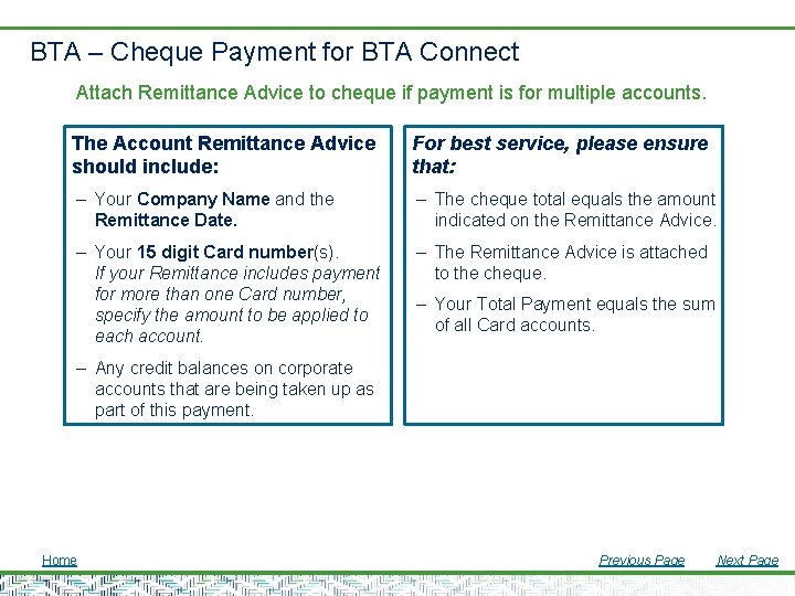 BTA – Cheque Payment for BTA Connect Attach Remittance Advice to cheque if payment