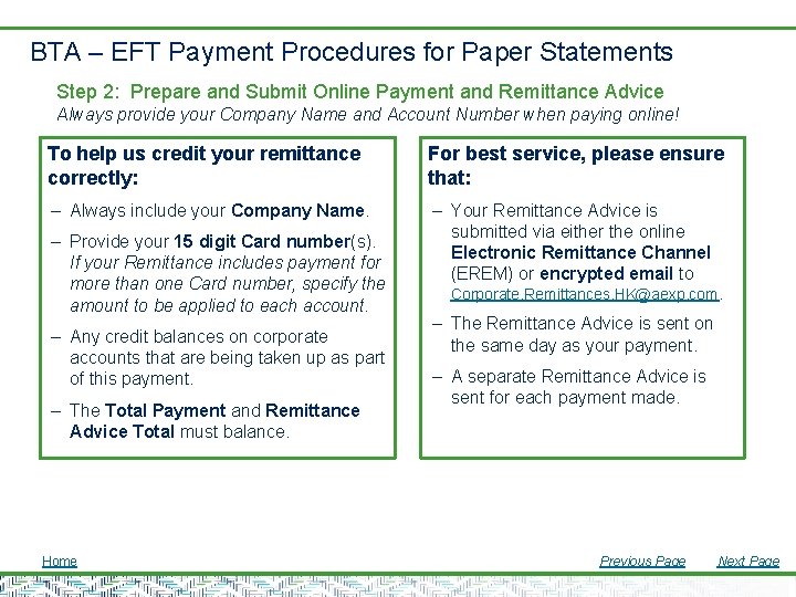 BTA – EFT Payment Procedures for Paper Statements Step 2: Prepare and Submit Online