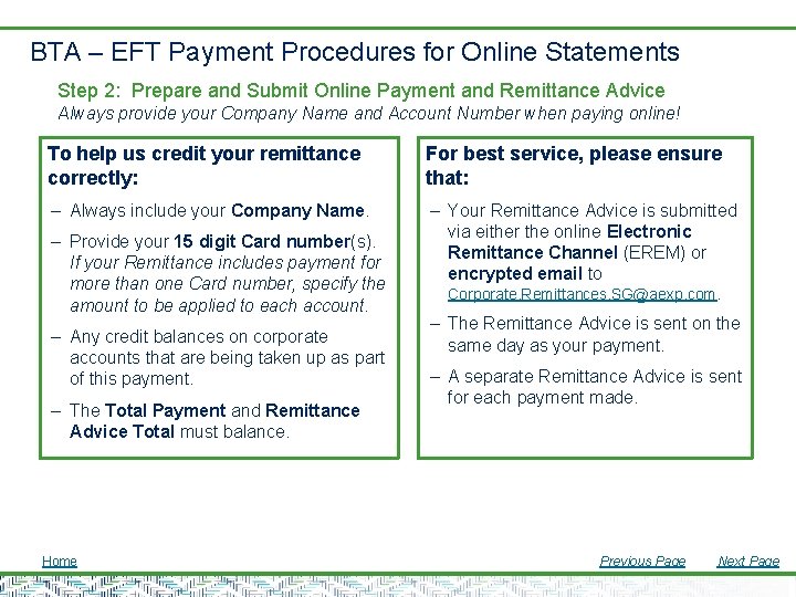 BTA – EFT Payment Procedures for Online Statements Step 2: Prepare and Submit Online