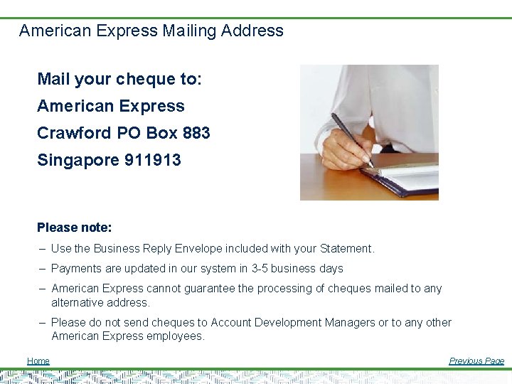 American Express Mailing Address Mail your cheque to: American Express Crawford PO Box 883