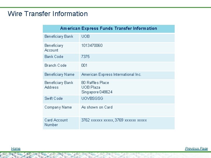 Wire Transfer Information American Express Funds Transfer Information Home Beneficiary Bank UOB Beneficiary Account