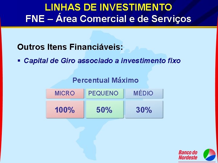 LINHAS DE INVESTIMENTO FNE – Área Comercial e de Serviços Outros Itens Financiáveis: §