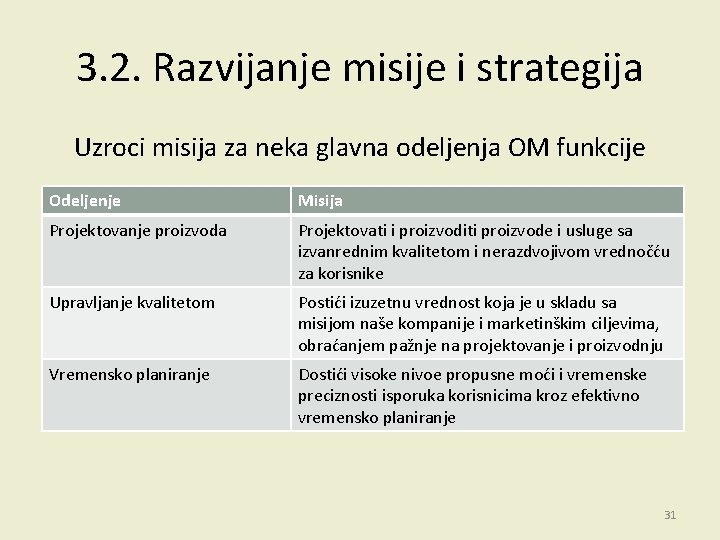 3. 2. Razvijanje misije i strategija Uzroci misija za neka glavna odeljenja OM funkcije