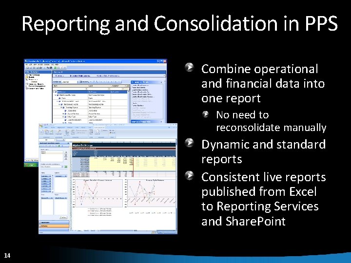 Reporting and Consolidation in PPS Combine operational and financial data into one report No