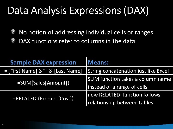 Data Analysis Expressions (DAX) No notion of addressing individual cells or ranges DAX functions