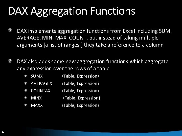 DAX Aggregation Functions DAX implements aggregation functions from Excel including SUM, AVERAGE, MIN, MAX,