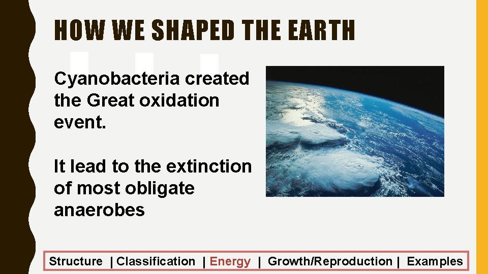 HOW WE SHAPED THE EARTH Cyanobacteria created the Great oxidation event. It lead to