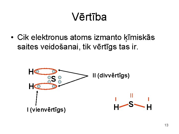 Vērtība • Cik elektronus atoms izmanto ķīmiskās saites veidošanai, tik vērtīgs tas ir. H