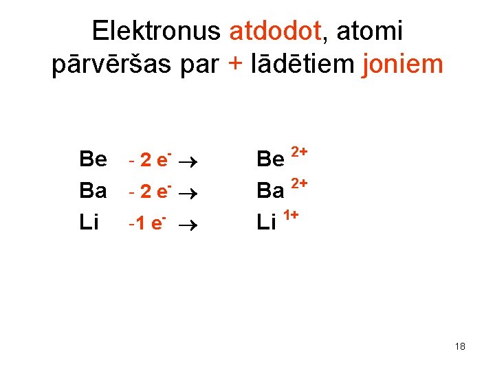 Elektronus atdodot, atomi pārvēršas par + lādētiem joniem - Be - 2 e Ba