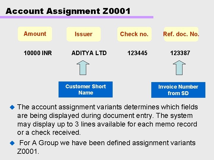 Account Assignment Z 0001 Amount 10000 INR Issuer ADITYA LTD Customer Short Name Check