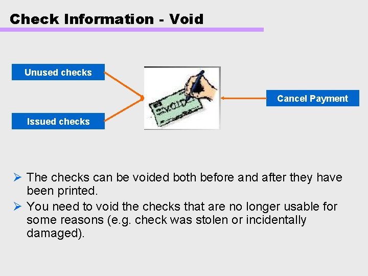 Check Information - Void Unused checks Cancel Payment Issued checks Ø The checks can