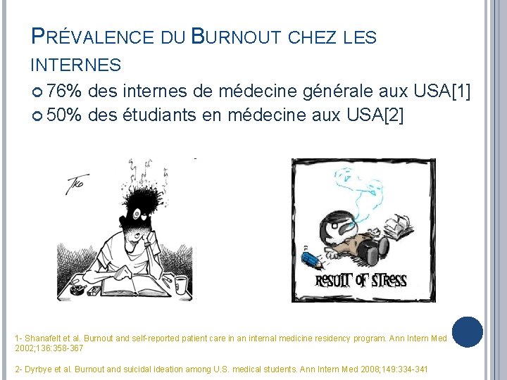 PRÉVALENCE DU BURNOUT CHEZ LES INTERNES 76% des internes de médecine générale aux USA[1]