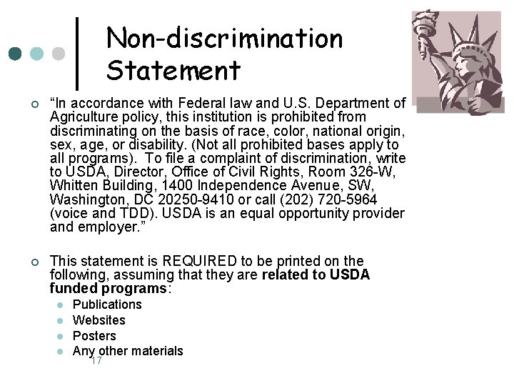 Non-discrimination Statement ¢ “In accordance with Federal law and U. S. Department of Agriculture Non-discrimination Statement ¢ “In accordance with Federal law and U. S. Department of Agriculture