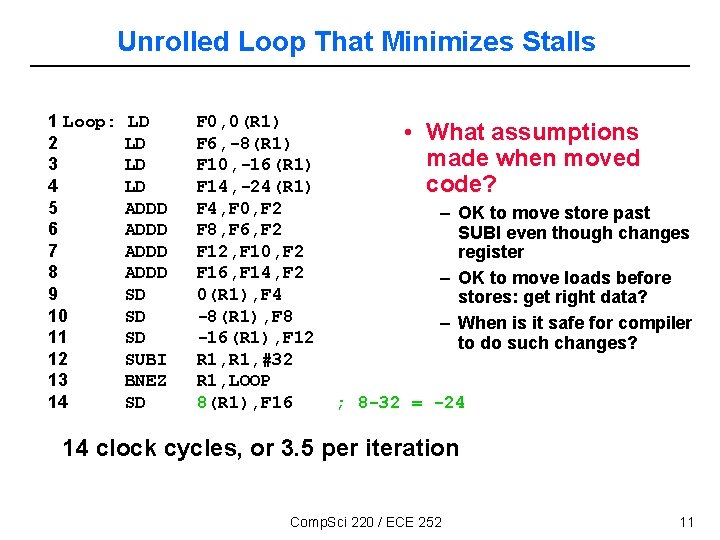 Unrolled Loop That Minimizes Stalls 1 Loop: 2 3 4 5 6 7 8