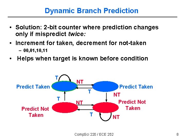 Dynamic Branch Prediction • Solution: 2 -bit counter where prediction changes only if mispredict