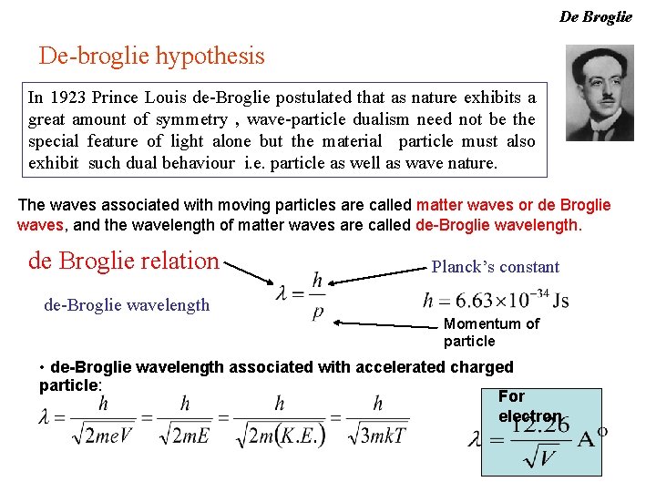 De Broglie De-broglie hypothesis In 1923 Prince Louis de-Broglie postulated that as nature exhibits