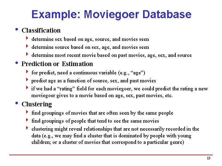 Example: Moviegoer Database i Classification 4 determine sex based on age, source, and movies