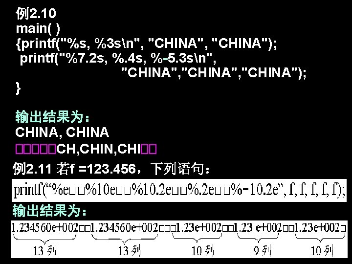 例2. 10 main( ) {printf("%s, %3 sn", "CHINA"); printf("%7. 2 s, %. 4 s,