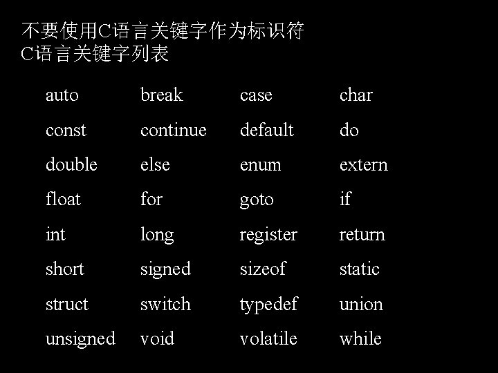 不要使用C语言关键字作为标识符 C语言关键字列表 auto break case char const continue default do double else enum extern