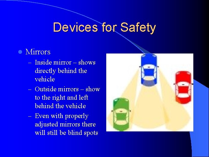 Devices for Safety l Mirrors – Inside mirror – shows directly behind the vehicle