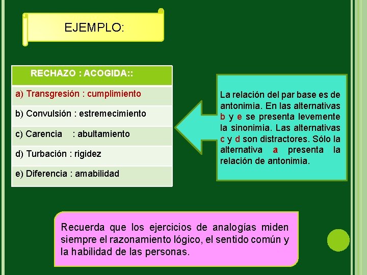 EJEMPLO: RECHAZO : ACOGIDA: : a) Transgresión : cumplimiento b) Convulsión : estremecimiento c)