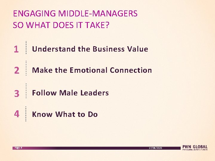 ENGAGING MIDDLE-MANAGERS SO WHAT DOES IT TAKE? 1 Understand the Business Value 2 Make