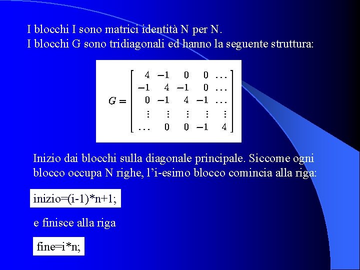 I blocchi I sono matrici identità N per N. I blocchi G sono tridiagonali