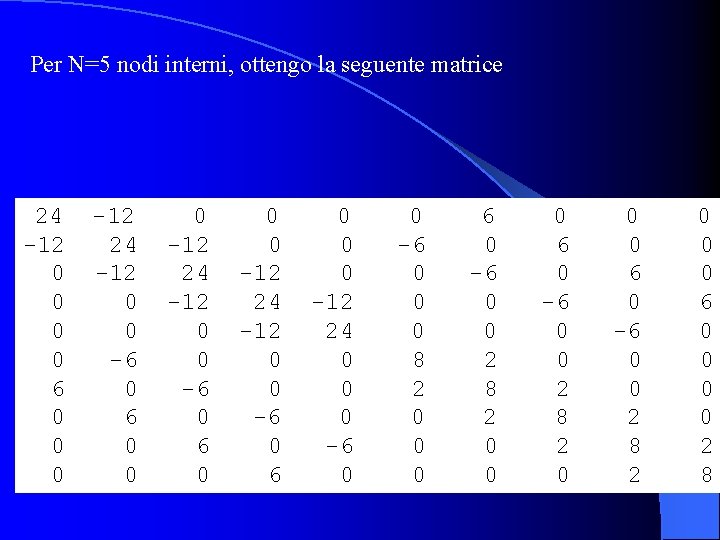 Per N=5 nodi interni, ottengo la seguente matrice 24 -12 0 0 6 0