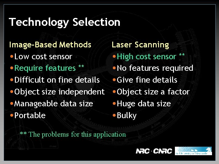 Technology Selection Image-Based Methods Laser Scanning • Low cost sensor • High cost sensor