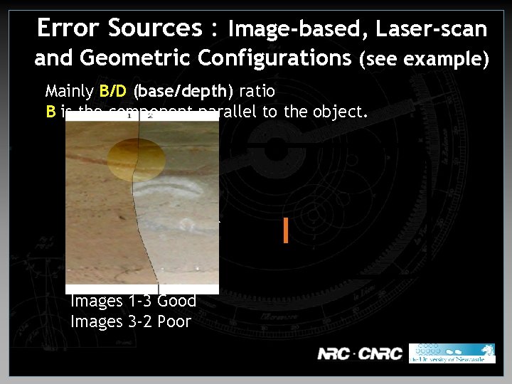 Error Sources : Image-based, Laser-scan and Geometric Configurations (see example) Mainly B/D (base/depth) ratio