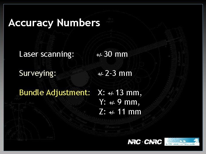 Accuracy Numbers Laser scanning: +/- 30 mm Surveying: +/- 2 -3 mm Bundle Adjustment: