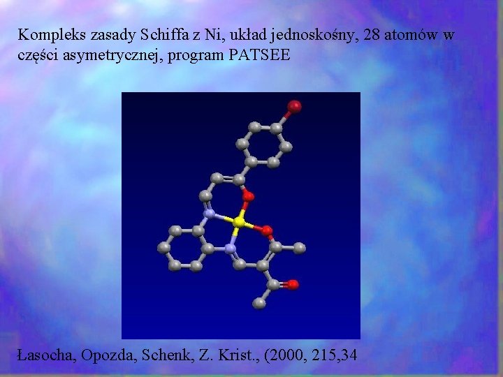 Kompleks zasady Schiffa z Ni, układ jednoskośny, 28 atomów w części asymetrycznej, program PATSEE