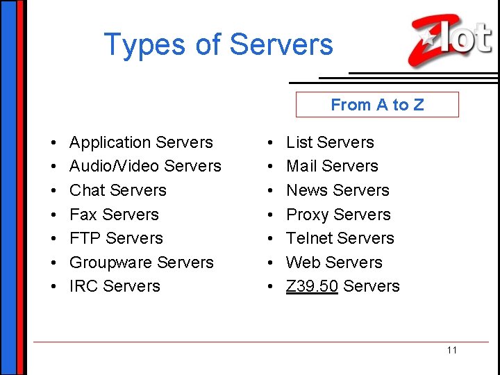 Types of Servers From A to Z • • Application Servers Audio/Video Servers Chat