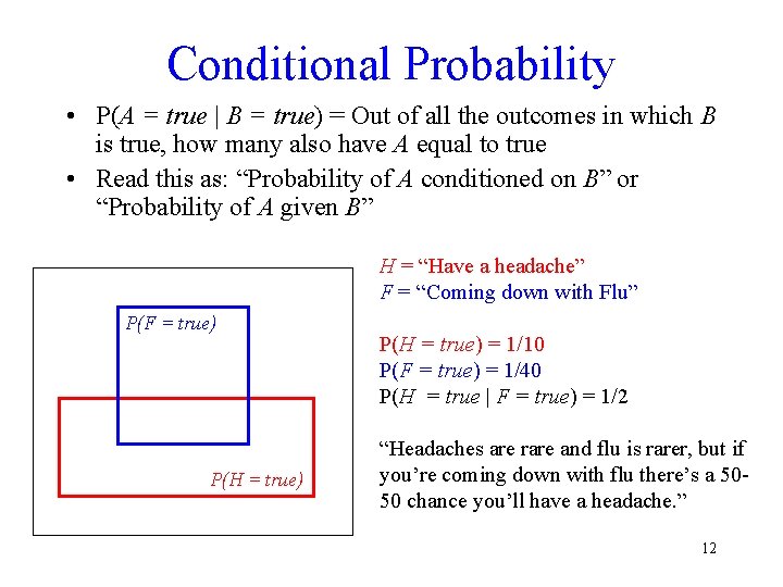 Conditional Probability • P(A = true | B = true) = Out of all