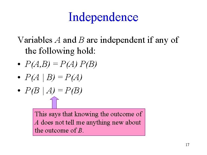 Independence Variables A and B are independent if any of the following hold: •