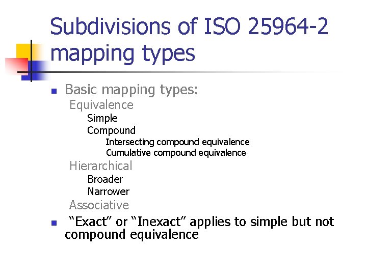 Subdivisions of ISO 25964 -2 mapping types n Basic mapping types: Equivalence Simple Compound