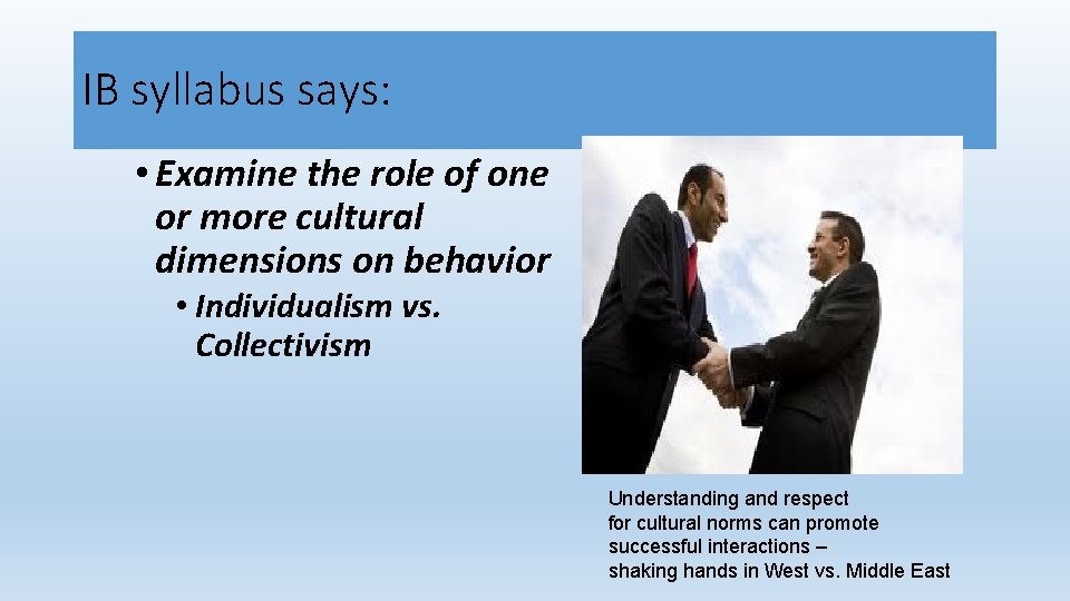 IB syllabus says: • Examine the role of one or more cultural dimensions on