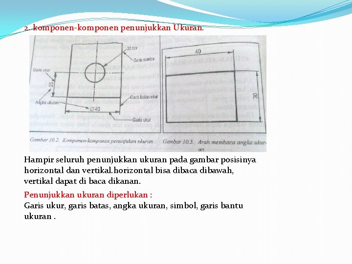 2. komponen-komponen penunjukkan Ukuran. Hampir seluruh penunjukkan ukuran pada gambar posisinya horizontal dan vertikal.