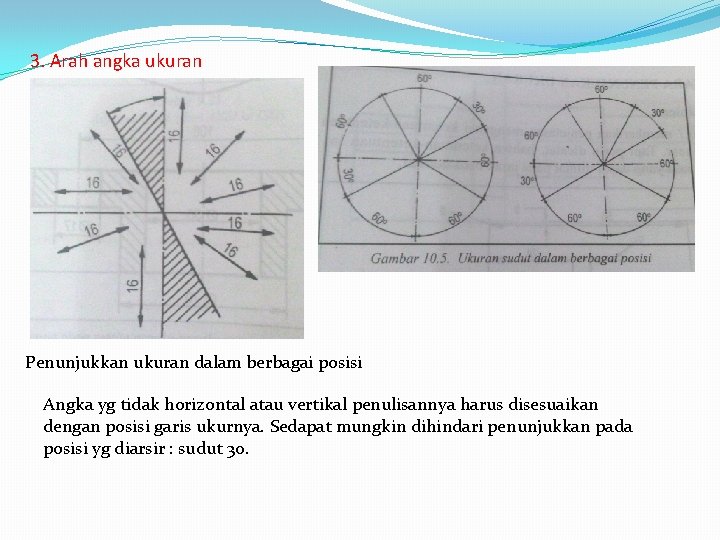 3. Arah angka ukuran Penunjukkan ukuran dalam berbagai posisi Angka yg tidak horizontal atau