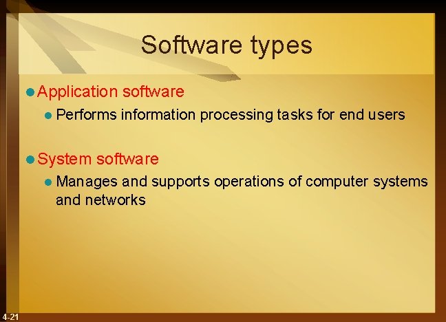 Software types l Application software l Performs information processing tasks for end users l